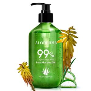 Aloderma 99% Organic Aloe Vera Gel Made within 12 Hours of Harvest – Lightweight, Non-Sticky Aloe Gel for Face Body, Hair, & Scalp, After Sun Relief, Natural, Soothing Hydrating Aloe Gel, 10.6oz(1)
