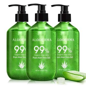 Aloderma 99% Organic Aloe Vera Gel Made within 12 Hours of Harvest – Lightweight, Non-Sticky Aloe Gel for Face Body, Hair, & Scalp, After Sun Relief, Natural, Soothing Hydrating Aloe Gel, 10.6oz(3)