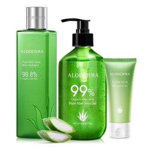 Aloderma All Purpose Aloe Vera Gel Set – 3 Pieces – Skin Hydrator, 300g Aloe Vera Gel & 45g Aloe Gel Travel Size