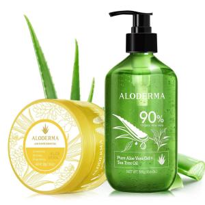 Aloderma Aloe Vera Gel Set 2 Pack – Aloe Flower Essence Gel, Aloe Vera Gel + Tea Tree Oil