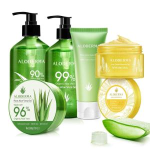 Aloderma Aloe Vera Gel Set 5 Pack – Aloe Flower Essence Gel, Pure Aloe Vera Gel, Aloe Gel + Tea Tree Oil, 200g Gel, 114g Aloe Gel