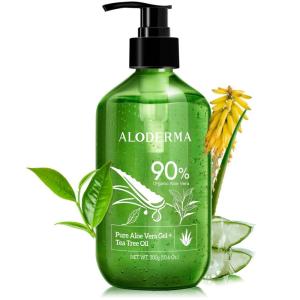 Aloderma Organic Aloe Vera Gel for Skin + Tea Tree Oil, Made within 12 Hours of Harvest, Soothing Pure Aloe Vera Gel for Face, Works Great for Oily Skin, Dry Scalp, Aftershave, Natural Aloe – 10.6 Oz(1)