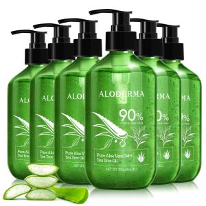 Aloderma Organic Aloe Vera Gel for Skin + Tea Tree Oil, Made within 12 Hours of Harvest, Soothing Pure Aloe Vera Gel for Face, Works Great for Oily Skin, Dry Scalp, Aftershave, Natural Aloe – 10.6 Oz(6)