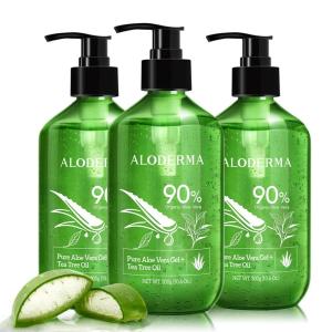 Aloderma Organic Aloe Vera Gel for Skin + Tea Tree Oil, Made within 12 Hours of Harvest, Soothing Pure Aloe Vera Gel for Face, Works Great for Oily Skin, Dry Scalp, Aftershave, Natural Aloe – 10.6 Oz(3)