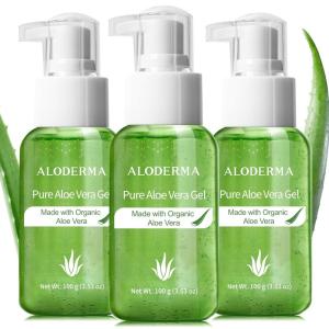 Aloderma Pure Aloe Vera Gel Made within 12 Hours of Harvest with 99% Organic Aloe Vera for Easy Travel Size for Body, Face, & Scalp, Cooling, Soothing Relief for Skin & Sunburn, 3.53oz x 3blts(3.53 Ounce (Pack of 3))