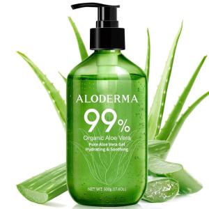 Aloderma 99% Organic Pure Aloe Vera Gel Made within 12 Hours of Harvest, 17.6oz Value Pump, Lightweight Non-Sticky Aloe Vera Gel for Sunburn Relief, Natural, Soothing Aloe Vera for Face & Hair(17.6 Fl Oz (Pack of 1))