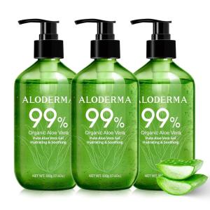 Aloderma 99% Organic Pure Aloe Vera Gel Made within 12 Hours of Harvest, 17.6oz Value Pump, Lightweight Non-Sticky Aloe Vera Gel for Sunburn Relief, Natural, Soothing Aloe Vera for Face & Hair(17.6 Fl Oz (Pack of 3))