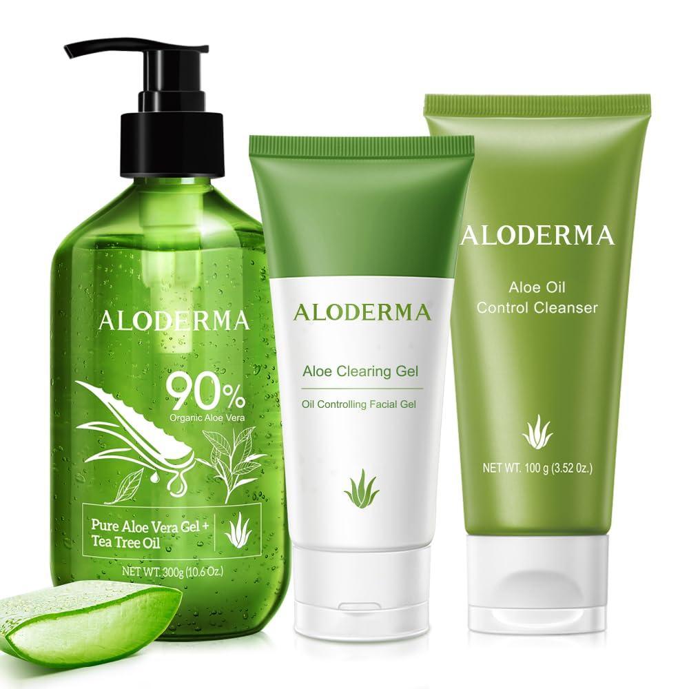 image:imageAloderma Oil Controlling Set 3 pcs  Aloe Clearing Gel Oil Controlling Cleanser Aloe Vera Gel  Tea Tree Oil