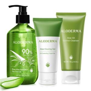 Aloderma Oil Controlling Set, 3 pcs – Aloe Clearing Gel, Oil Controlling Cleanser, Aloe Vera Gel + Tea Tree Oil