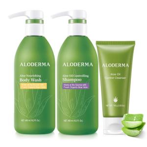Aloderma Aloe Shower Set – Nourishing Body Wash, Oil Controlling Shampoo, Oil Controlling Facial Cleanser