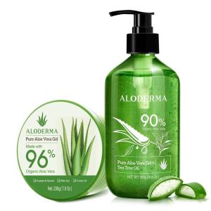 Aloderma Aloe Vera Gels Set, 2 Pieces – 200g Aloe Vera Gel, 300g Aloe Vera Gel + Tea Tree Oil – Hydrating, Soothing, Moisturizing