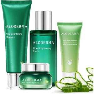 Aloderma Essential Aloe Brightening Skin Care Set – 5 Pieces – Gel, Cleanser, Toner x2pcs, Cream
