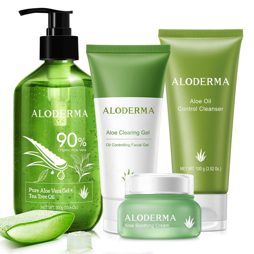 image:imageAloderma Aloe Clearing Set  5 Pieces  Cleanser Soothing Cream Aloe Vera Gel with Tea Tree Oil and Clearing Gel x2pcs