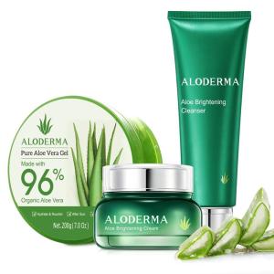 Aloderma Basic Aloe Brightening Skin Care Set – 4 Pieces – Cleanser, Cream, 200g Aloe Vera Gel x 2pcs