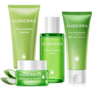 Aloderma Essential Aloe Hydrating Skin Care Set – 5 Pieces – Gel, Cleanser, Toner x2pcs, Cream